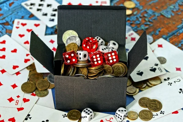 Open Black Box Full Coins Game Cubes Cards Table — Stock Photo, Image