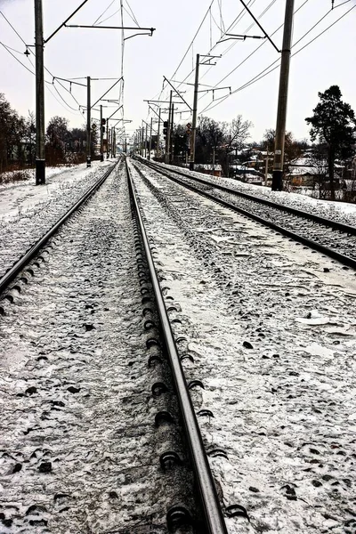 Parte Del Ferrocarril Con Rieles Nieve —  Fotos de Stock