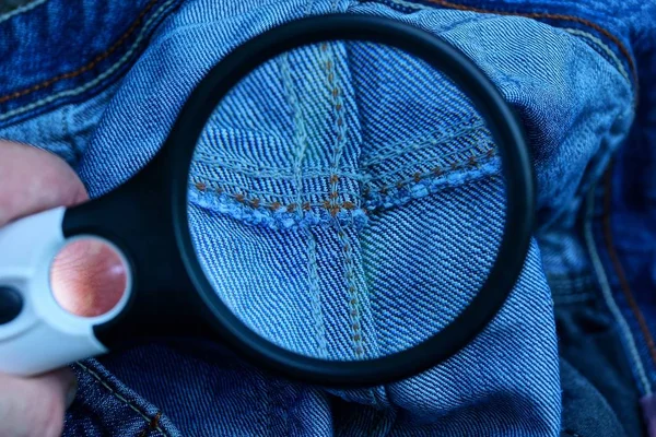 Magnifier Enlarges Blue Cotton Fabric Seam Clothes — Stock Photo, Image