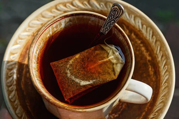 Червоний Чай Чашці Мішком Ложкою — стокове фото