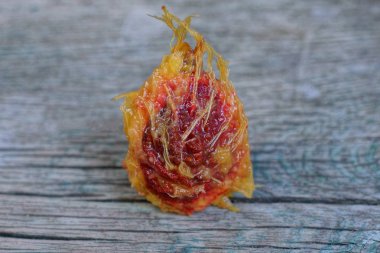 bir kırmızı ham şeftali kemiği gri ahşap bir tahta üzerinde yatıyor