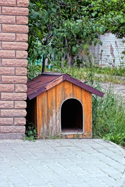 フェンスの近くの空の茶色の犬の家 — ストック写真