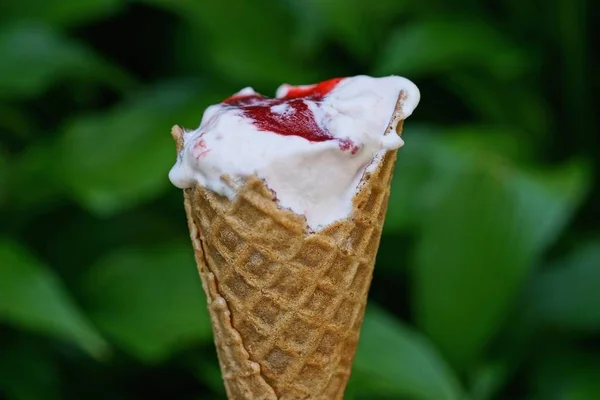 white ice cream with red jam in a waffle cup