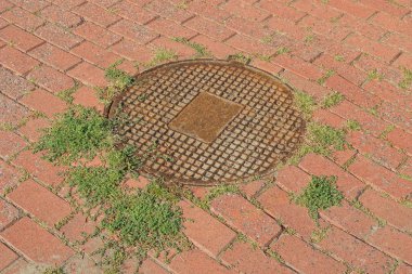 yolda kaldırım levhaları üzerinde kahverengi paslı kanalizasyon kapağı