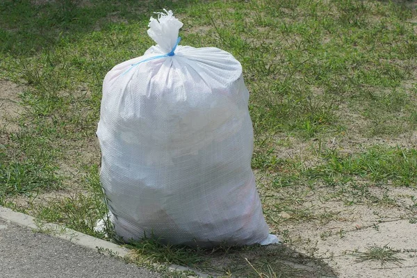 One Big Full Bag Garbage Standing Green Grass — Stock Photo, Image