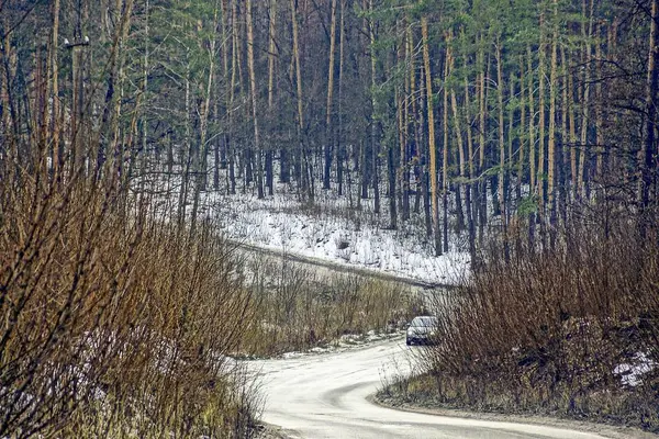 Waldstraße Mit Auto Mit Bäumen Schnee — Stockfoto