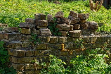 Çim ve çalıların çalılıklarında eski kahverengi tuğla yığını