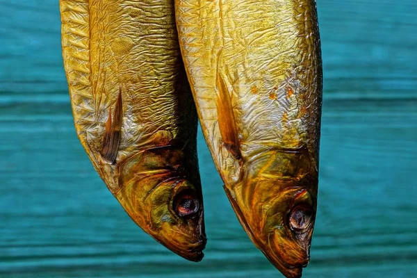 緑の背景に2つの茶色のスモークニシンの魚 — ストック写真