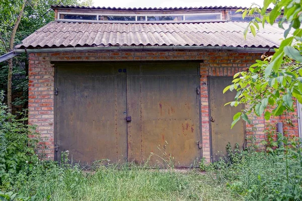 Ijzeren Hekken Een Bakstenen Muur Begroeid Met Groene Vegetatie — Stockfoto