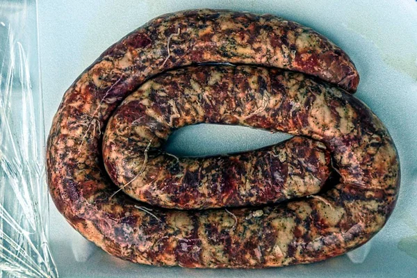 Anéis Salsicha Carne Mesa — Fotografia de Stock