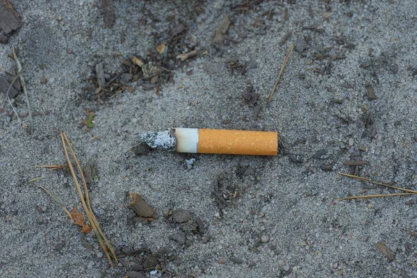 Una Colilla Cigarrillo Con Filtro Marrón Encuentra Arena Gris — Foto de Stock