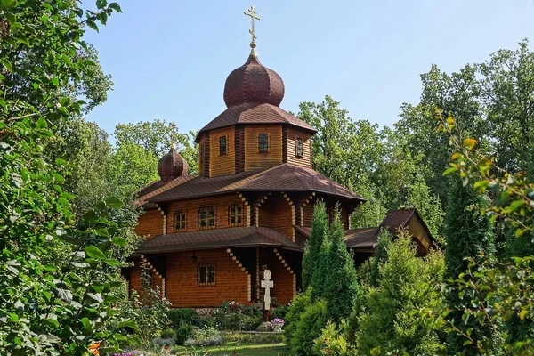 Καφέ Ξύλινη Χριστιανική Εκκλησία Πράσινη Βλάστηση Εναντίον Ενός Γαλάζιου Ουρανού — Φωτογραφία Αρχείου