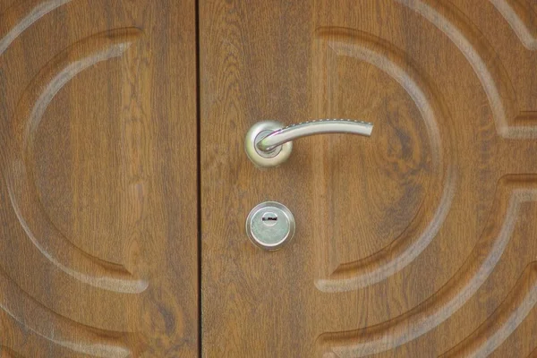 Gray Door Handle Brown Old Wooden Door — Stock Photo, Image