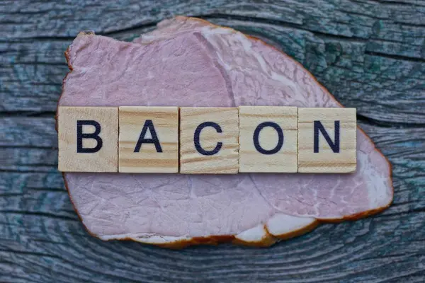 One Big Piece Bacon Meat Word Wooden Letters — Stock Photo, Image