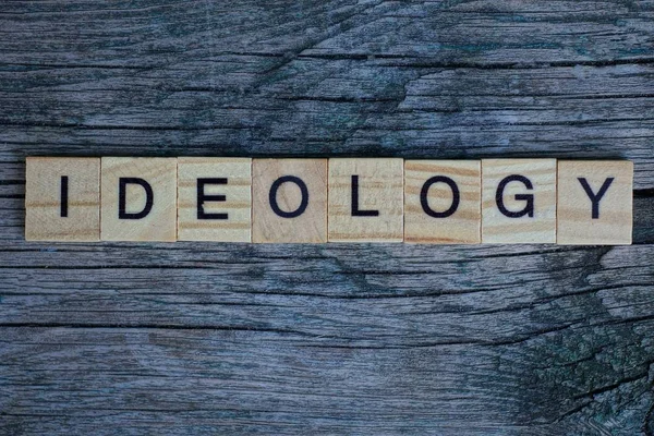 Ideology Word Wooden Letters Lies Gray Blackboard — Stock Photo, Image