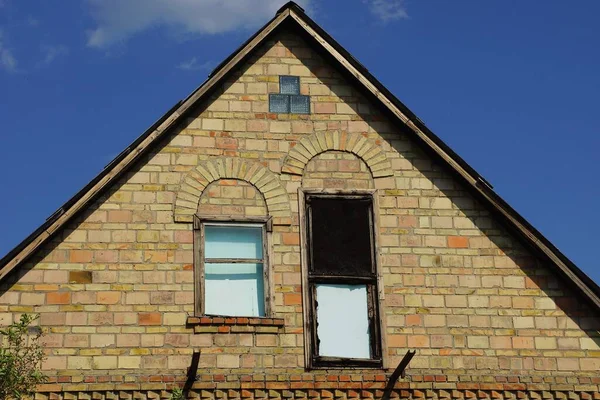 Old Brown Brick Loft Rural House Window Door Background Blue — Stock Photo, Image