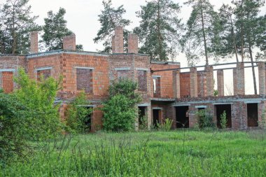 Yeşil bitki örtüsü ve çimlerle kaplı bitmemiş kırmızı tuğla ev