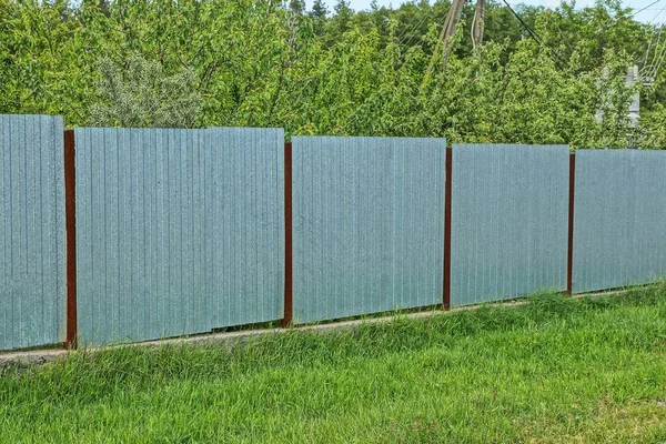 Gray Metal Wall Fence Street Green Grass Vegetation — Stock fotografie