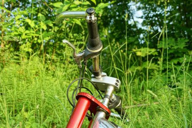 Spor bisikleti üzerinde büyük gri bir tekerlek doğadaki yeşil çimlerde yatıyor.