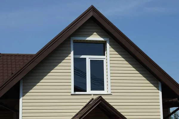 Gray Plastic Attic Private Rural House One Window Brown Tiled — Stock Photo, Image