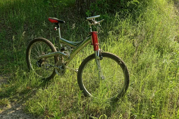 Jeden Pusty Rower Sportowy Stoi Zielonej Trawie Łonie Natury Letnim — Zdjęcie stockowe