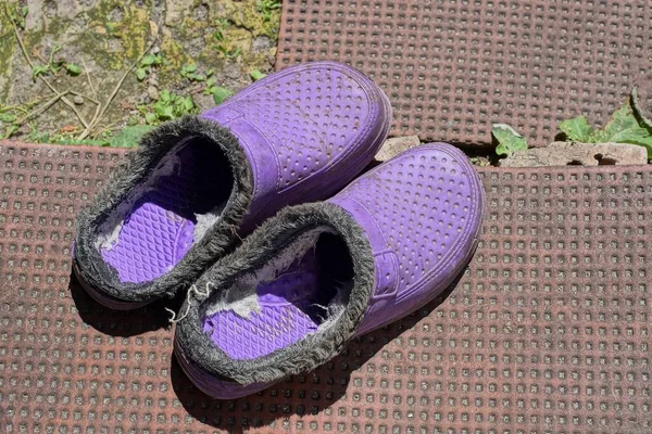 Due Vecchie Pantofole Plastica Lilla Piedi Una Porta Marrone Strada — Foto Stock