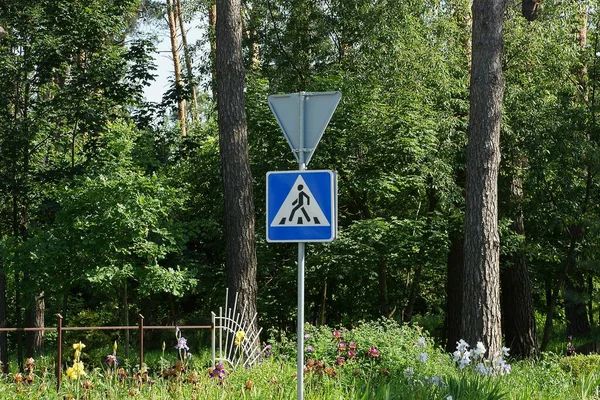 Ein Verkehrszeichen Fußgängerüberweg Auf Einer Grünfläche — Stockfoto