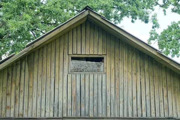 Gray Brown Wooden Attic Rural House Small Window Background Sky — Stock Photo, Image