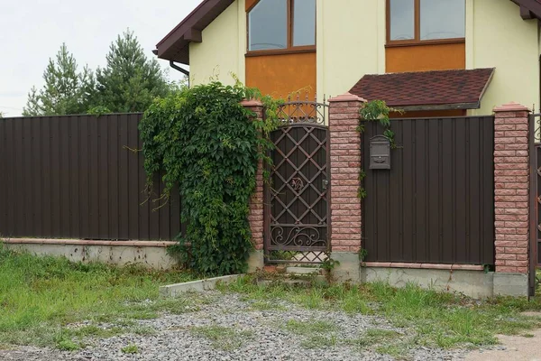 Hnědé Železné Dveře Dlouhý Kovový Plot Zarostlý Zelenou Vegetací Ulici — Stock fotografie