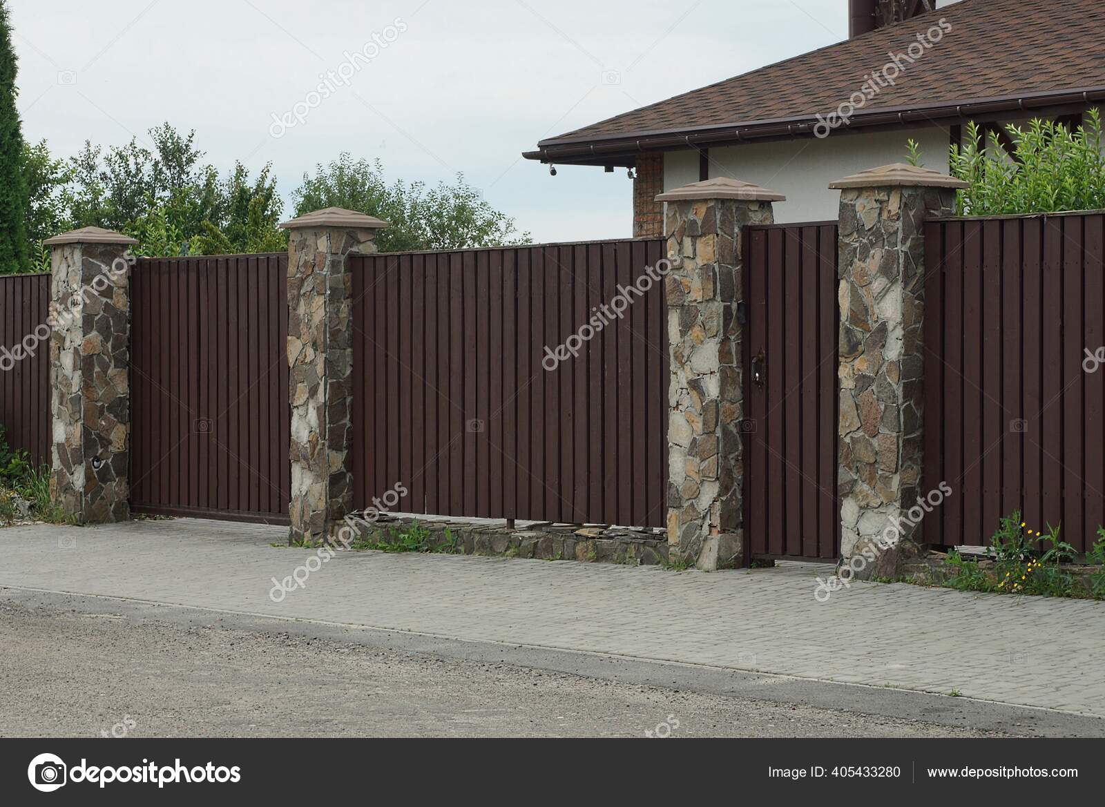 Brown Wooden Gate Fence Wall Stone Pillars Rural Street Stock Photo By  ©Anatolx 405433280