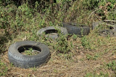 Doğadaki kuru ve yeşil çimlerde siyah eski araba lastiklerinin çöpleri.