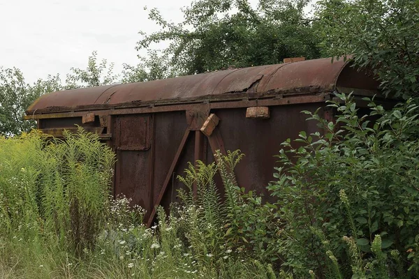 old metal trailer in brown rust on the street overgrown with green grass and vegetation