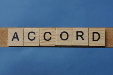 mavi arkaplanda siyah yazı tipi olan küçük kare ahşap harflerle uyumlu gri kelime.