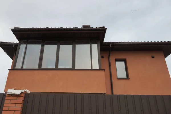 Facade Brown Private House Large Glassed Balcony — Stock Photo, Image