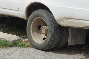 Siyah, kirli bir tekerleği olan beyaz minibüs yerde duruyor ve sokakta yeşil çimenler.