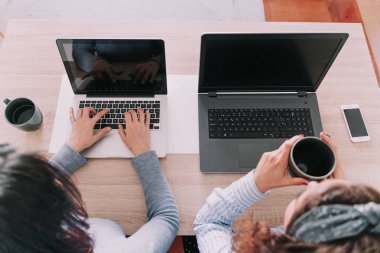 İki kadın ofis bilgisayarlarıyla çalışma