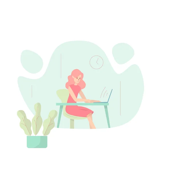 Vektor rund rosa ram med tecknad bild av en rolig kvinna-kontorsarbetare med rosa hår stående på ett ben och leende på en vit bakgrund. Business, affärskvinna, ekonomi. — Stock vektor