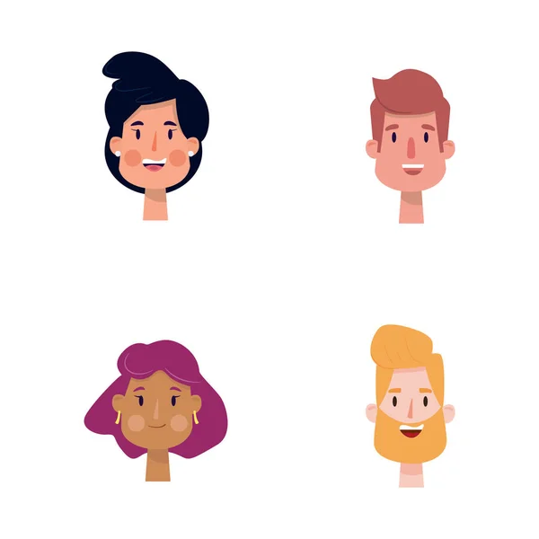 Vector illustration of cartoon people. Womans face with dark hair. Face of a girl with pink hair. The mans face is blond. The face of a man is brown. Happy cartoon faces.