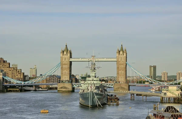 Top View of Tower and military museum ship at Thames. London UK