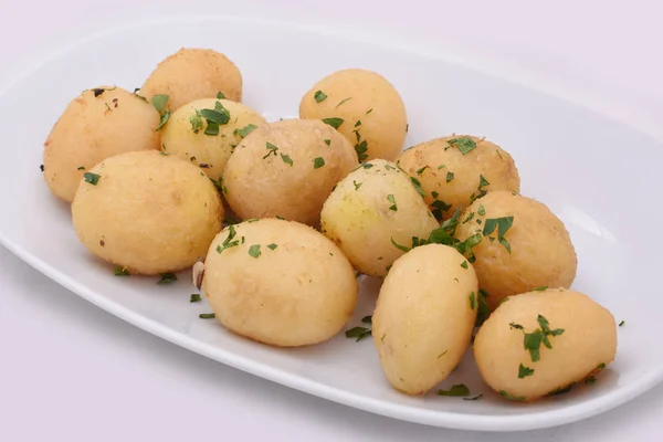 Young Potatoes Cooked Whole Deep Fried White Plate Isolated White — Stock Photo, Image