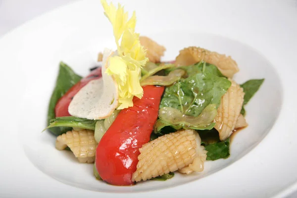 Healthy Beautiful Dietary Salad Squid Grilled Vegetables Closeup White Plate — Stock Photo, Image