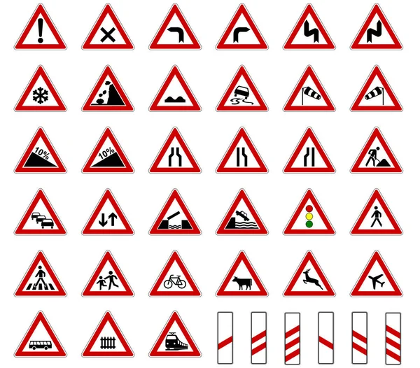 白い背景に分離された道路ヨーロッパの交通標識のコレクションベクトル — ストックベクタ