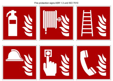 Yangın koruma işareti vektör koleksiyonu din 7010 ve ASR 1,3 beyaz arka planda yalıtılmış