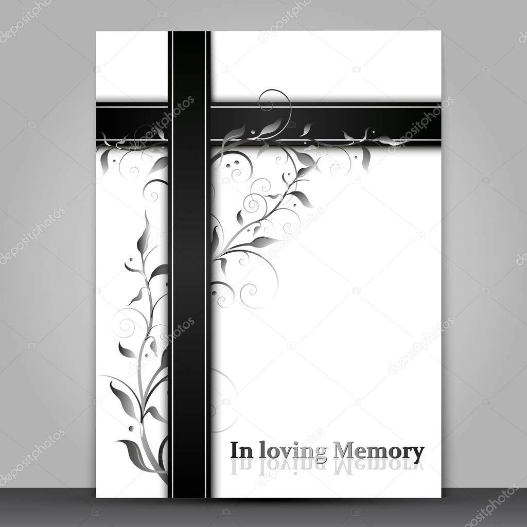 Mourning card with 3d effect ornament and In loving Memory text isolated on grey background