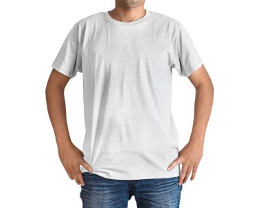 Adam mavi kot pantolon ve beyaz beyaz arka plan üzerinde izole T-shirt