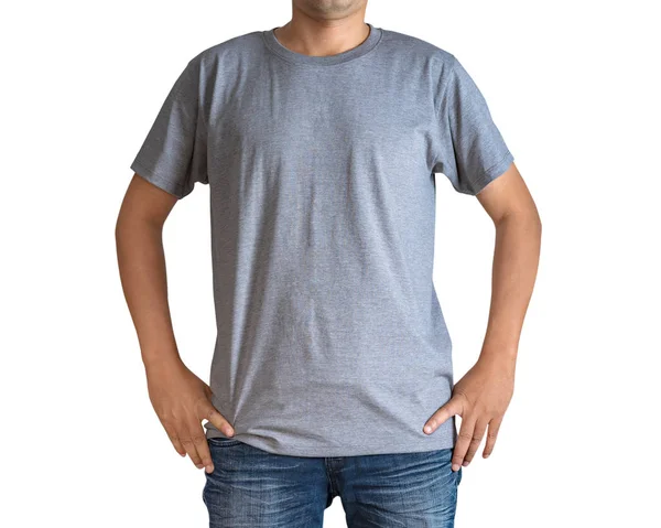 Homem Jeans Azul Camiseta Cinza Isolado Sobre Fundo Branco — Fotografia de Stock