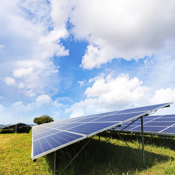 Panele Słoneczne Zasilania Stacji Zielone Pole Pod Błękitne Niebo — Zdjęcie stockowe
