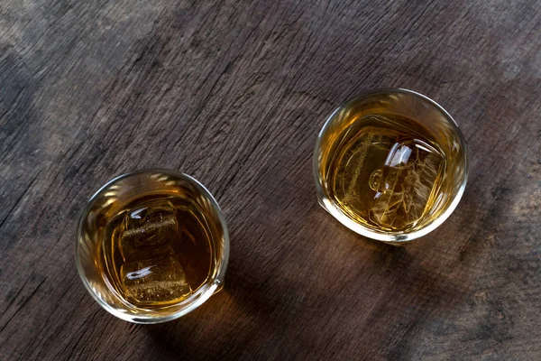 Top View Whiskey Ice Glass Wooden Table — Stock Photo, Image