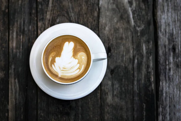 Den Översta Vyn Kopp Kaffe Ett Träbord — Stockfoto