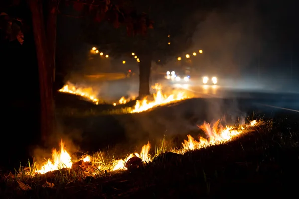 Fogo Sobre Lado Selvagem Estrada Chama Queima Noite — Fotografia de Stock